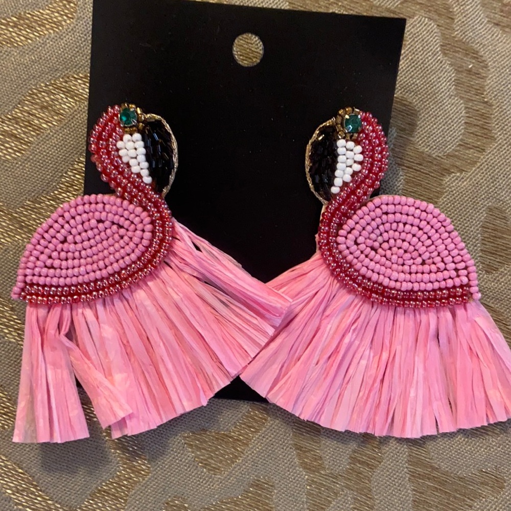 Pink Beaded Flamingos Earrings NEW